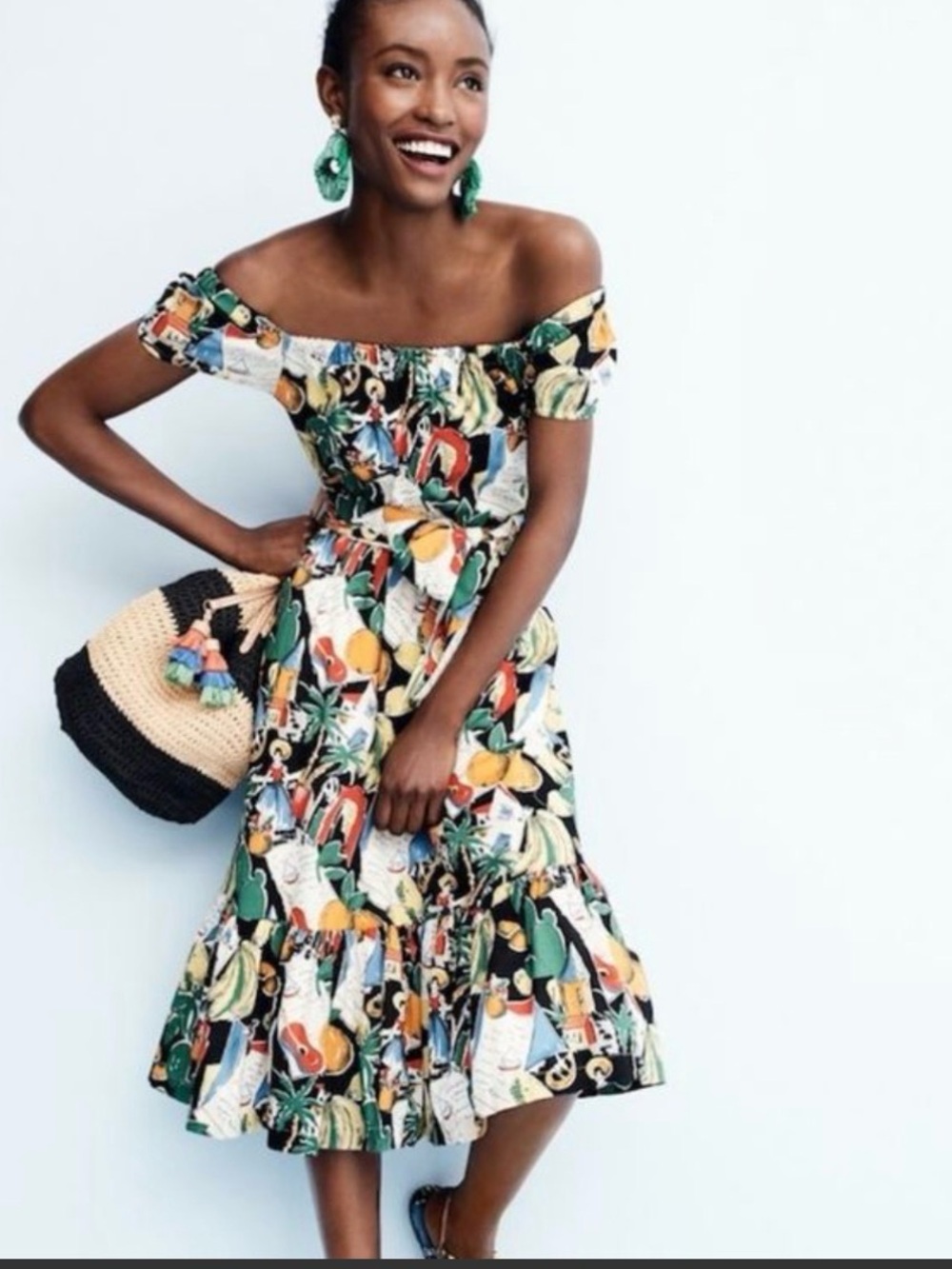 J. Crew Postcard Print Off-Shoulder Tropical Midi Dress in Black, Green, Yellow